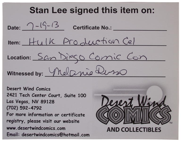 Stan Lee Signed Production Cel, Hand-Painted of His ''Incredible Hulk''